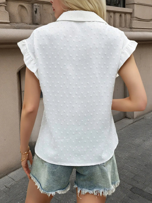 Swiss Dot Ruffled Cap Sleeve Shirt - Velora