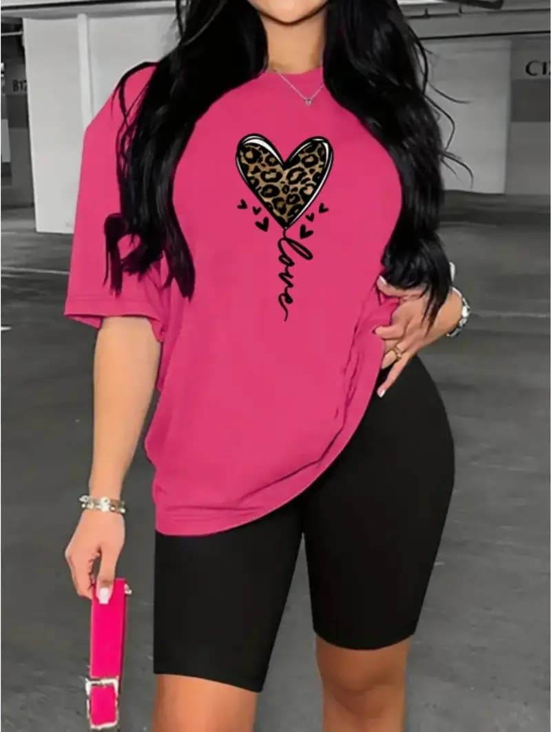 Leopard Print Casual Two-piece Set, Crew Neck Short-sleeved T-shirt And Tight Shorts - Velora
