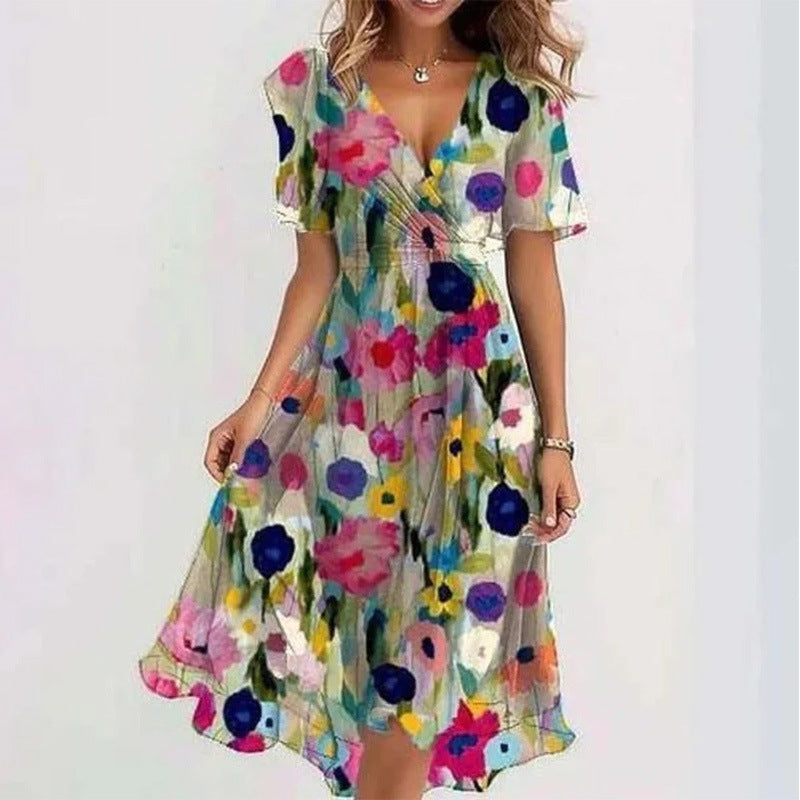 Flowers Printed V-neck Dress Summer A-line Short-sleeved Dresses For Women Velora