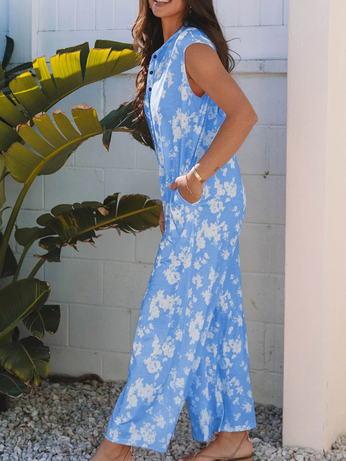 Printed Button-Front Wide Leg Jumpsuit - Velora