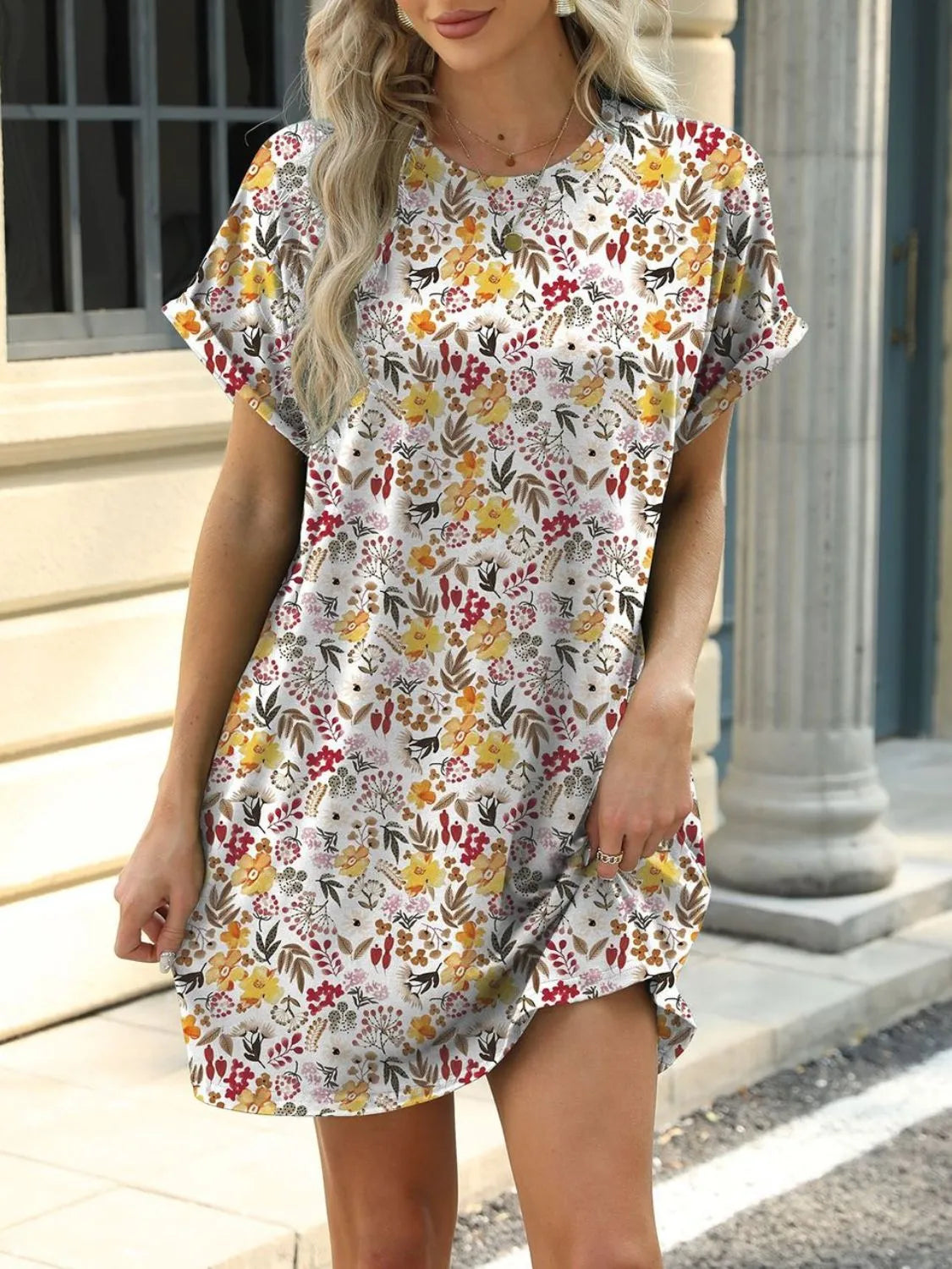 Printed Round Neck Short Sleeve Mini Dress - Velora