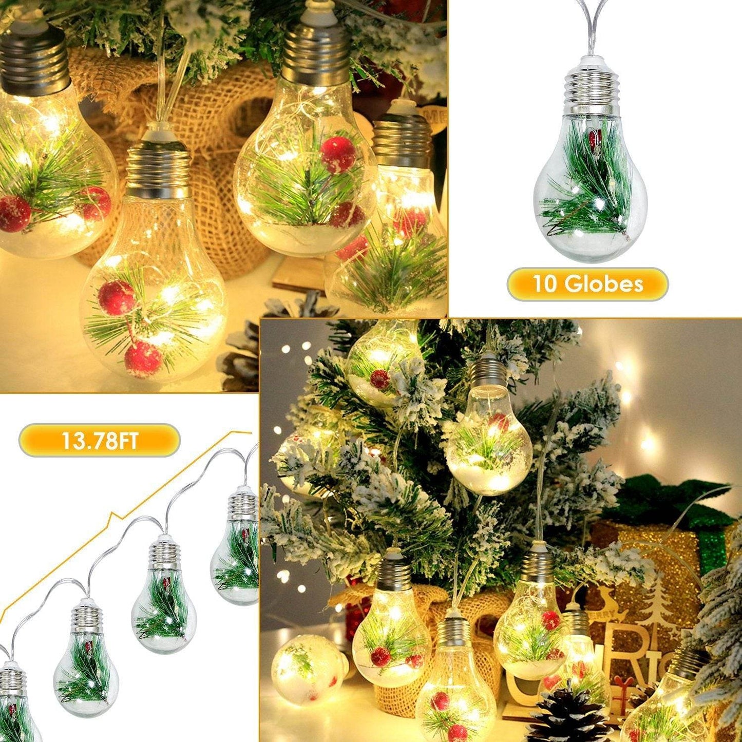 1Pc 13.78FT Christmas Snow Globe String Light Battery Powered 10 LED Bulbs Indoor Christmas Lights With Pine Needles Snowflakes Berries - Velora