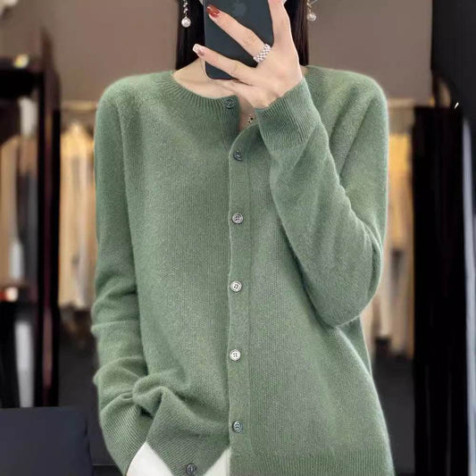 Fashion Merino Wool Cardigan Sweater Women O-Neck Long-sleeve Cashmere Knitwear Spring Autumn Female Clothing Tops - Velora