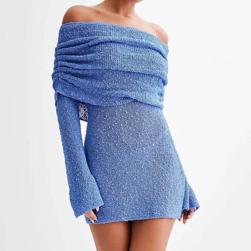 Women's Spring Summer Knitted Dress Elegant Party Boat Neck Dress Infant Off Shoulder Bodycon Long Sleeve Fuzzy Short Club Chic Mini Dress - Velora