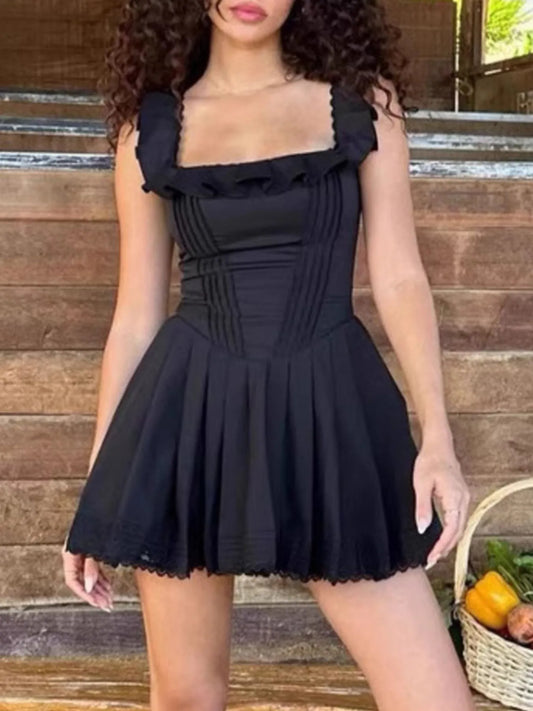 Square Neck Pleated Mini Dress - Velora