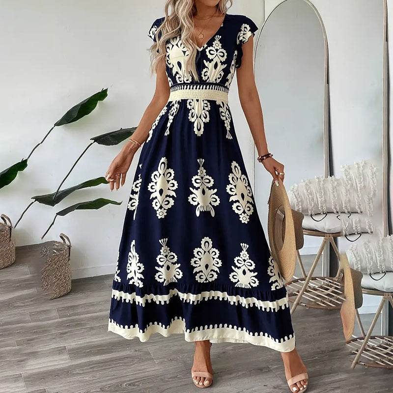 Women's Summer Flowy Maxi Dress Casual Cap Sleeve V Neck Smocked Waist Beach Sundress - Velora