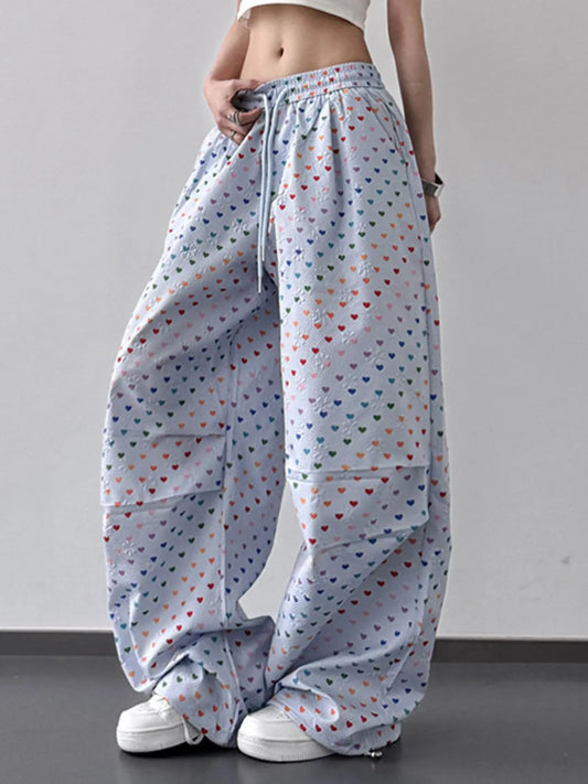 Heart Print Drawstring Wide Leg Pants - Velora