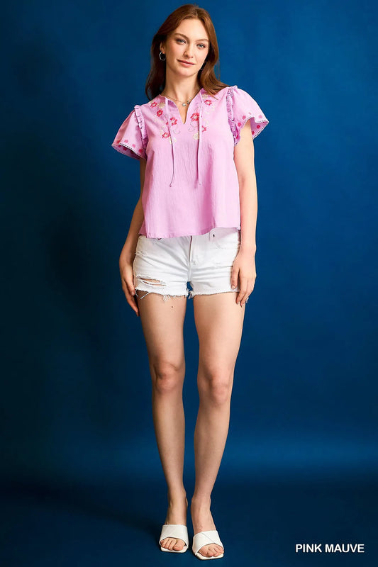 Umgee Floral Embroidered Tie Neck Short Sleeve Blouse - Velora