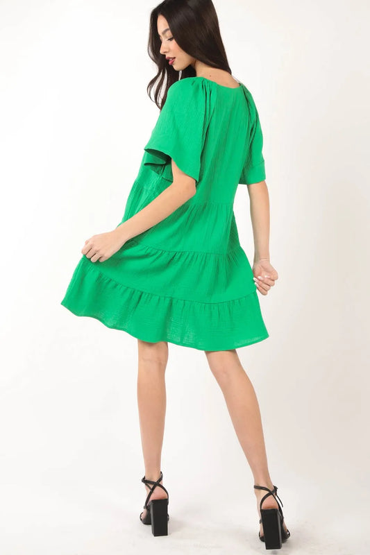 VERY J Texture V-Neck Ruffled Tiered Dress - Velora
