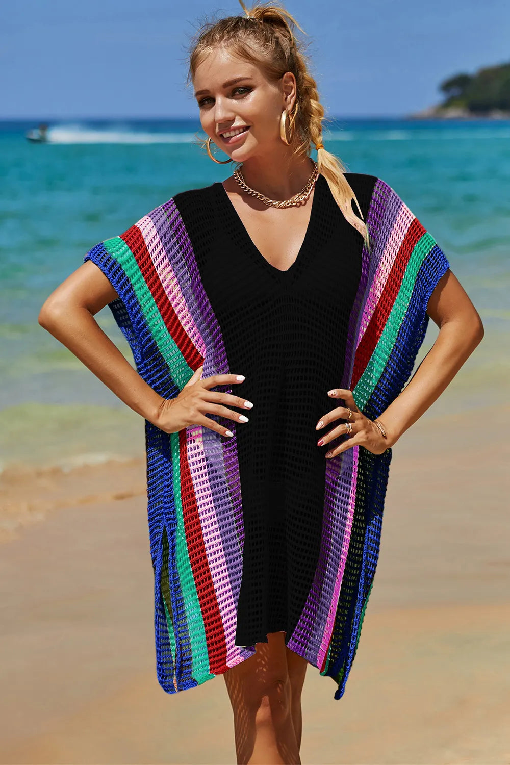 Angel Wings Openwork Striped Slit Knit Cover Up - Velora