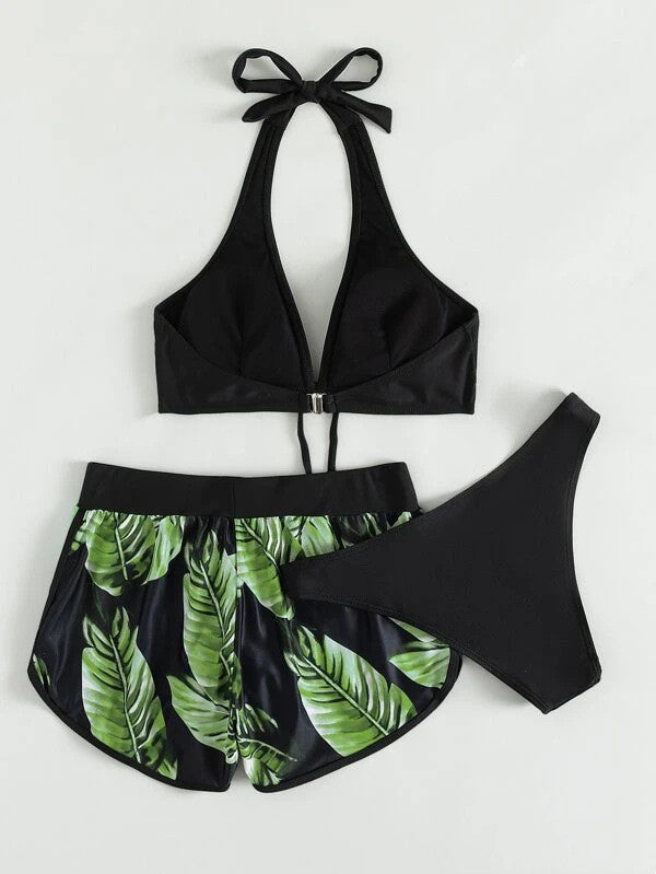 3pcs Leaf Print Bikini With Shorts Fashion Summer Beach Swimsuit Womens Clothing https://like2b-uy