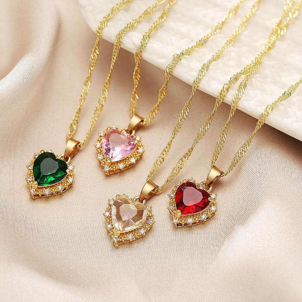 Colorful Rhinestones Heart-shped Necklace Love Gold Clavicle Chain Ins Personalized Jewelry For Women Valentine's Day - Velora