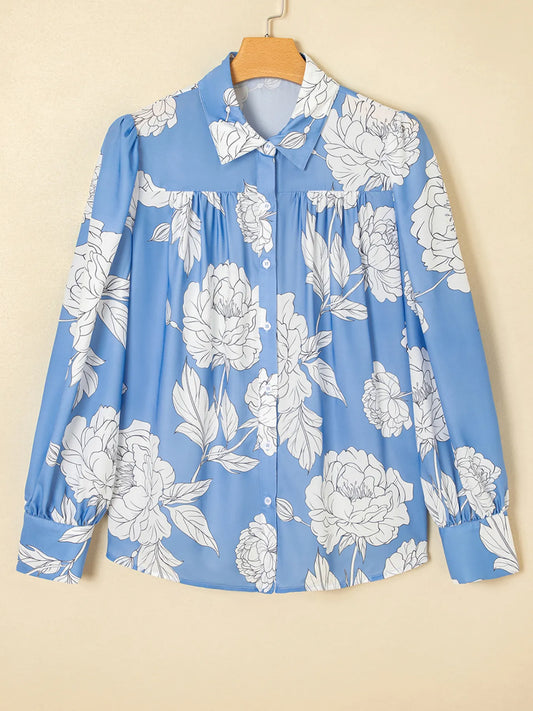 Floral Print Button Up Pleated Detail Puff Sleeve Shirt - Velora