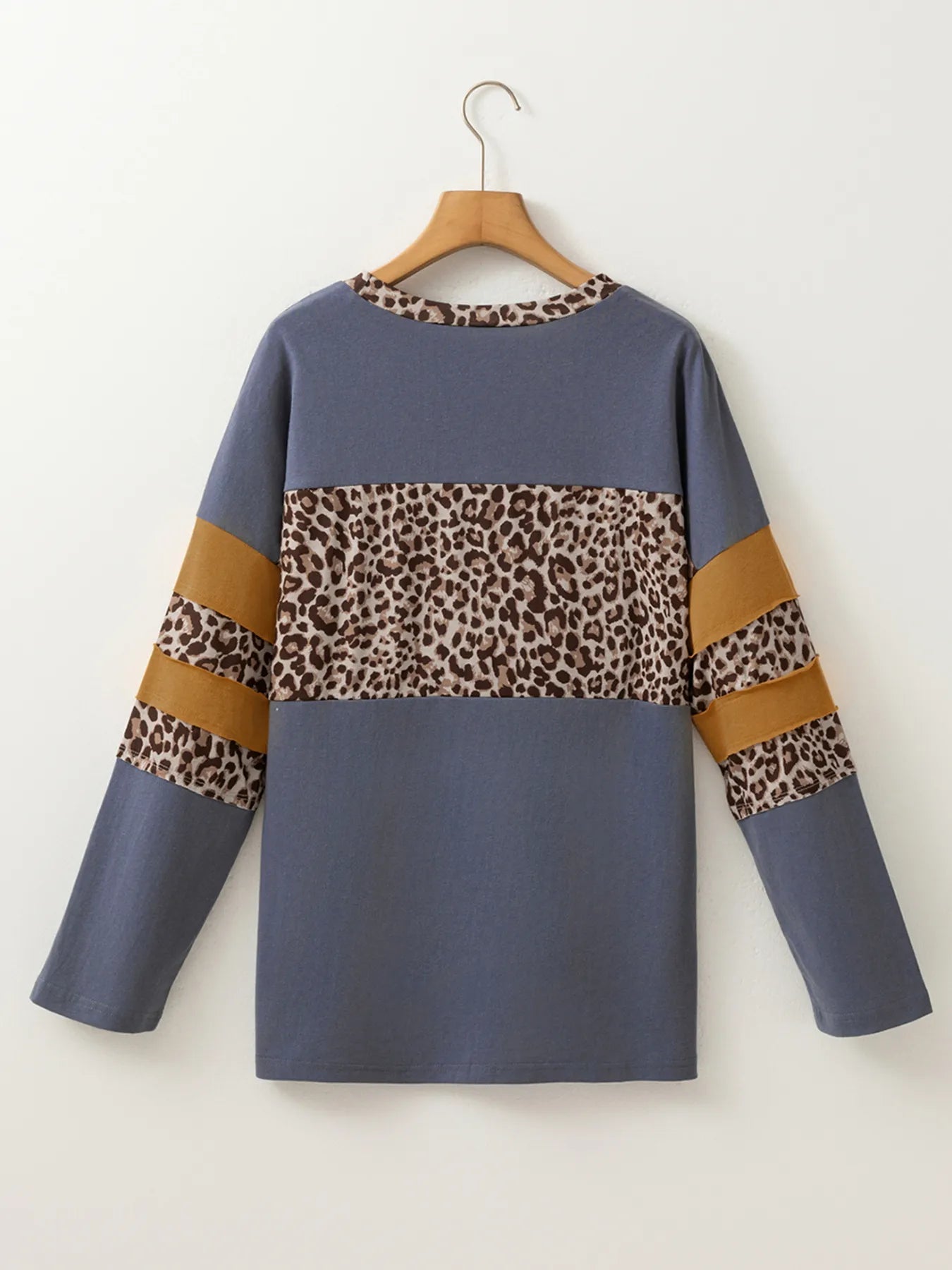 Leopard Color Block Long Sleeve Drop Shoulder Top - Velora
