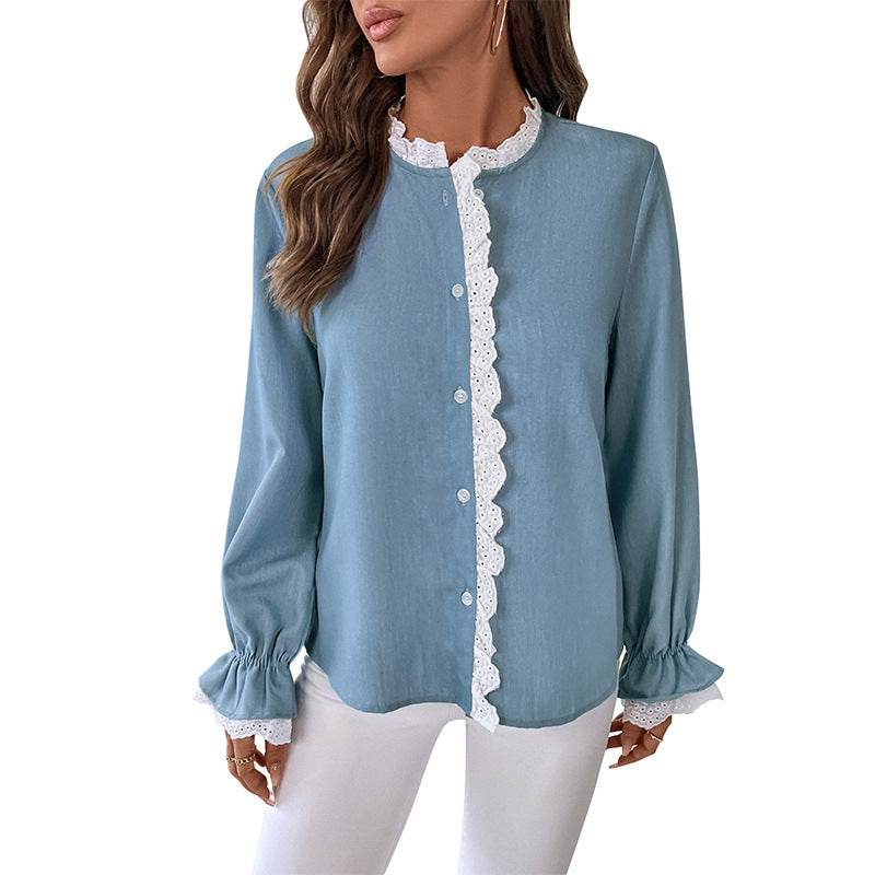 Elegant Single-breasted button Blue Shirt For Women - Velora