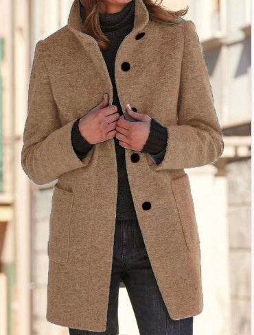 Fashion Stand Collar Woolen Coat With Pockets Fall Winter Casual Button Outwear For Women Clothing - Velora