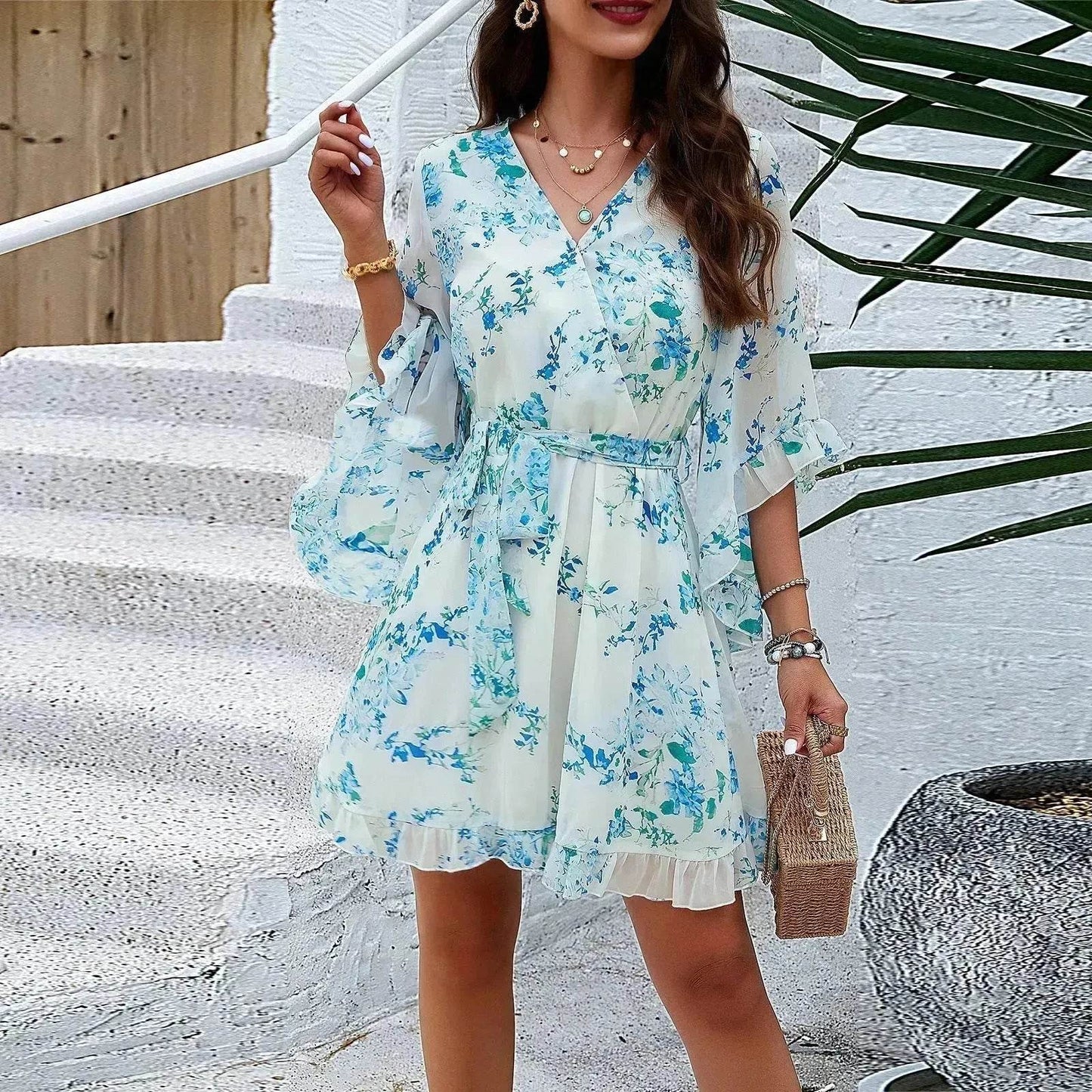 Casual Summer Chiffon Floral Print Short Sleeves Dress Lace Up Ruffles Design Fashion V-neck Short Mini Dresses Womens Clothing - Velora
