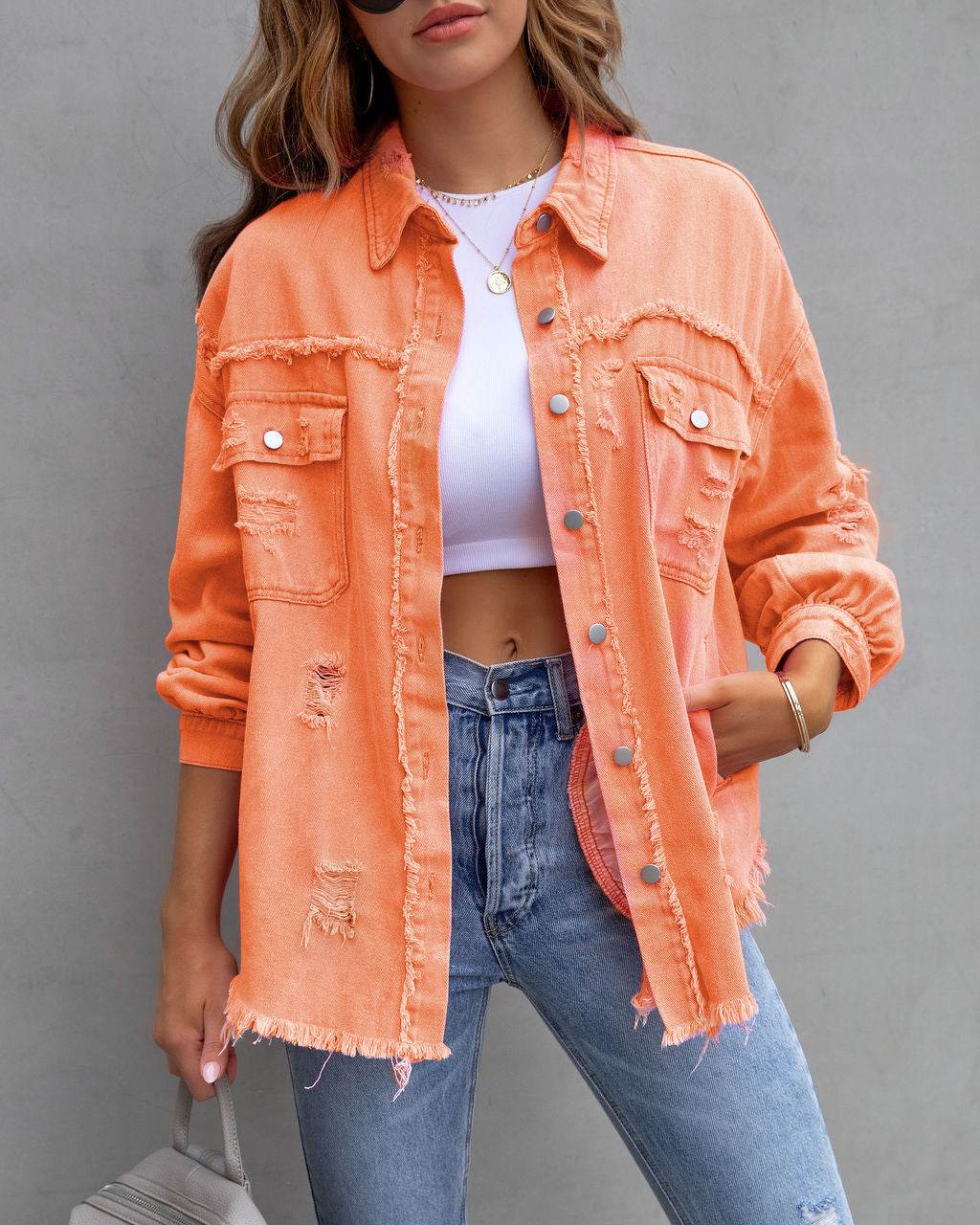 Fashion Ripped Shirt Jacket Female Autumn And Spring Casual Tops Womens Clothing - Velora