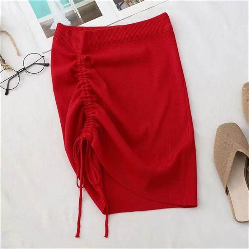 Hot Girl Hip Skirt Design High Waist With Straps Stretch Knitted Women's Mini Drawstring Split Skirt - Velora