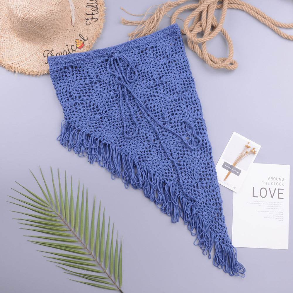 European And American Women's See Through Hollow Knitted tassel fringe Slant Beach Skirt - Velora
