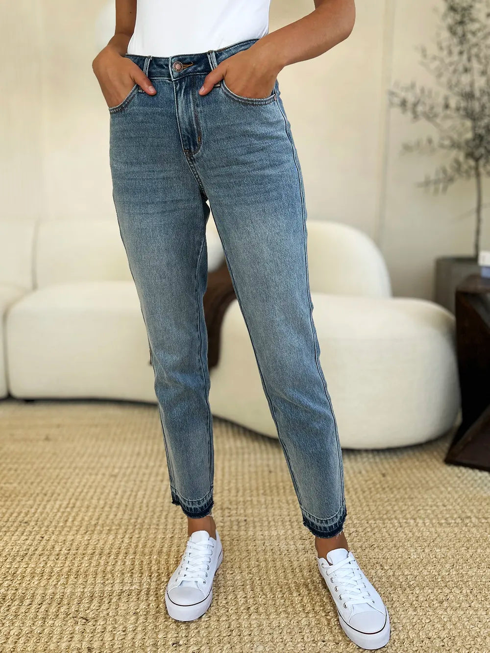 Judy Blue Full Size Mid Rise Rigid Magic Release Hem Jeans - Velora
