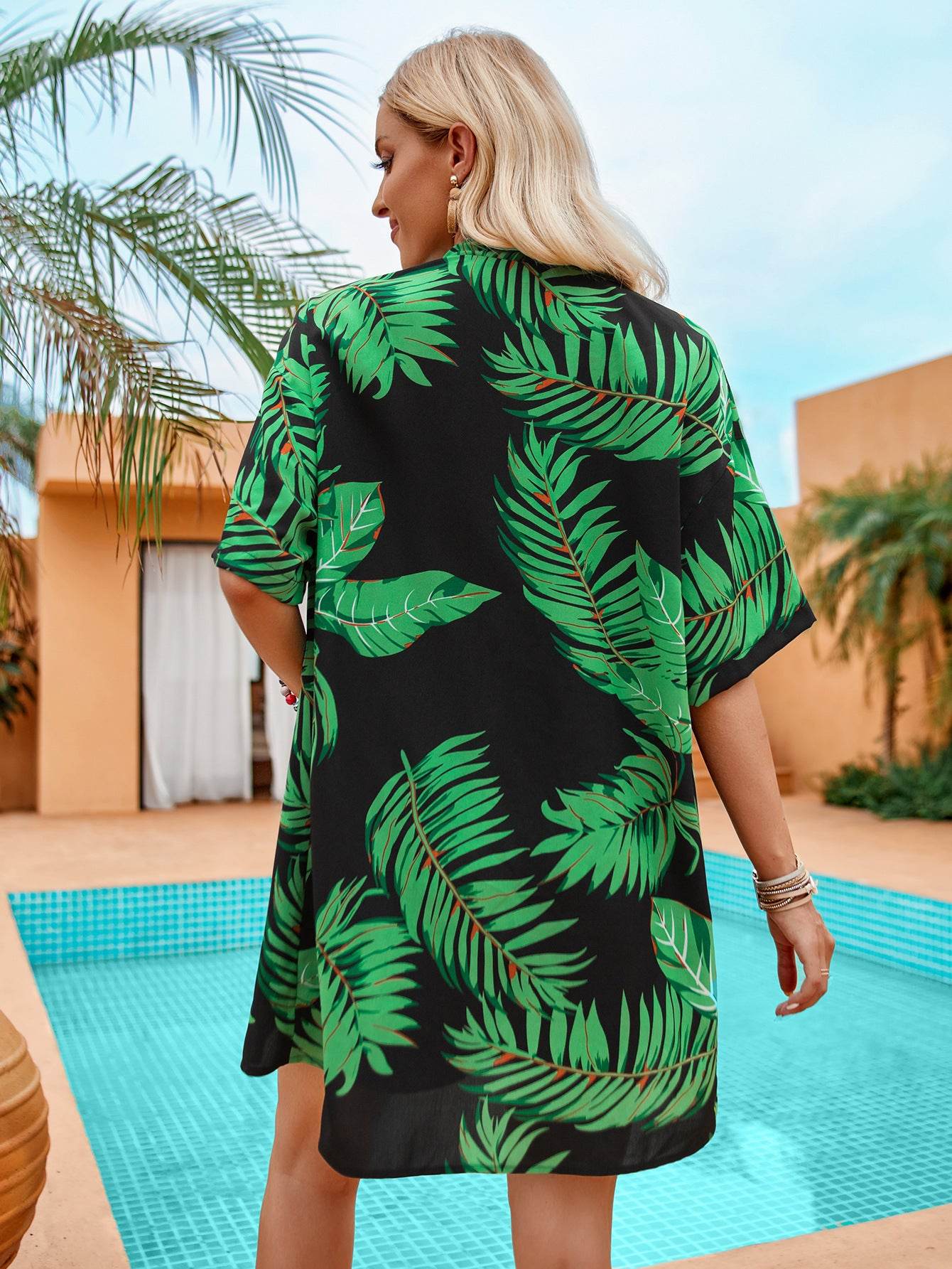 2pcs Casual Holiday Leaves Print Suit Summer Short Sleeve Shirt Top And Drawstring Shorts Sets For Womens Clothing - Velora
