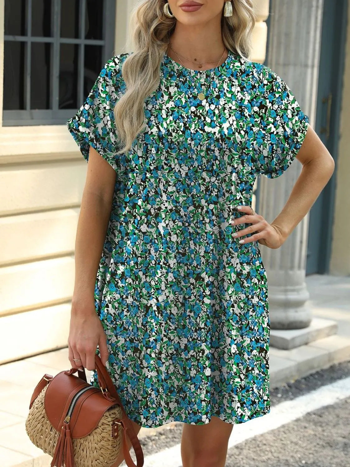 Printed Round Neck Short Sleeve Mini Dress - Velora