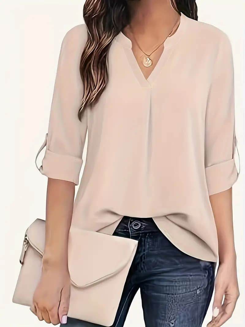 Solid Color Simple Blouse, Casual V-neck Long Sleeves - Velora