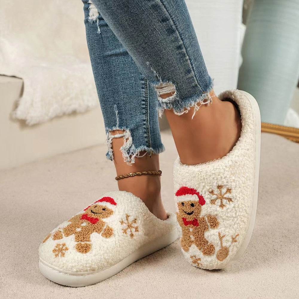 Christmas Snowflake Gingerbread Slippers Winter Indoor Non-slip Floor Bedroom Fuzzy House Shoes For Women Home Slippers - Velora