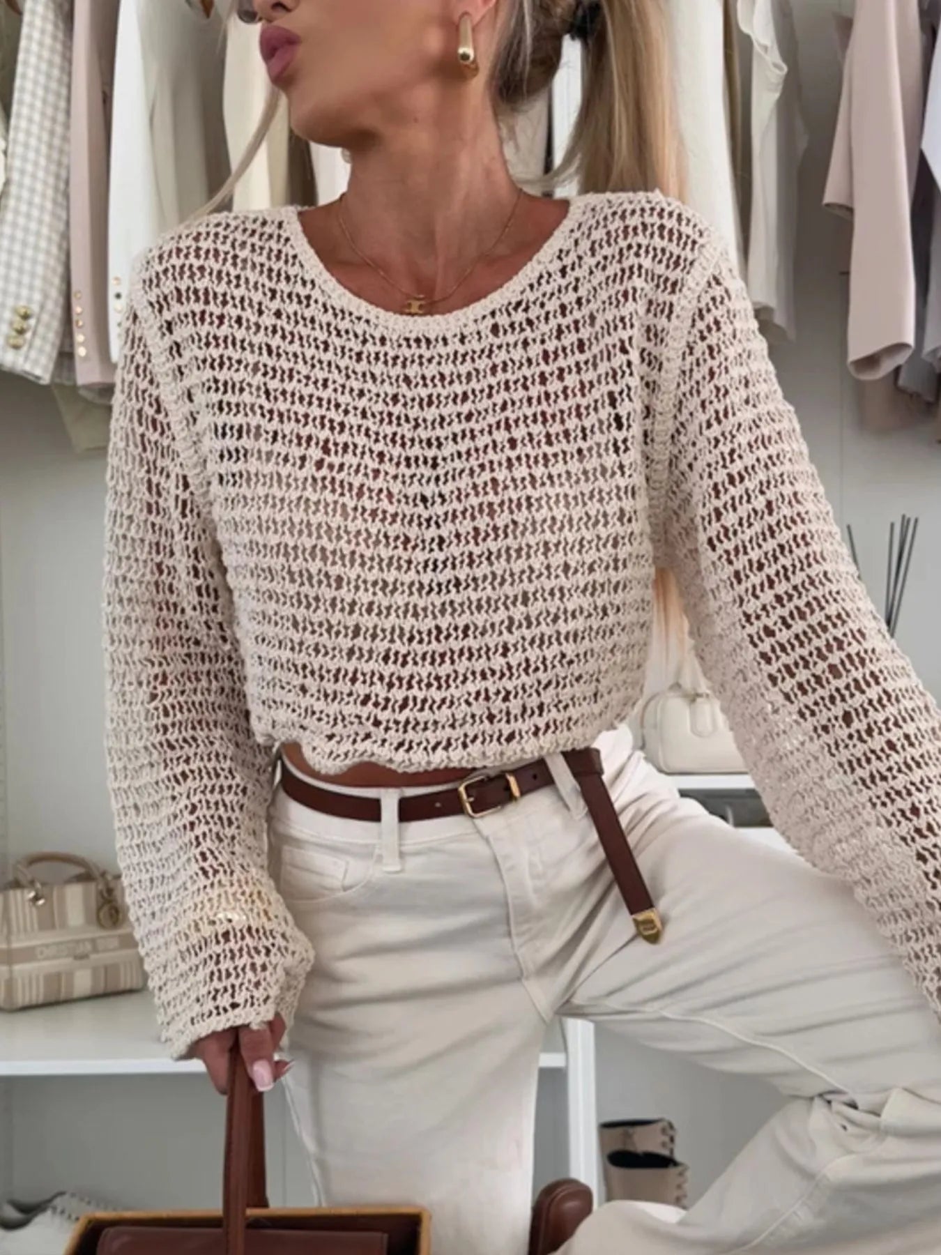 Openwork Round Neck Knit Cover Up - Velora