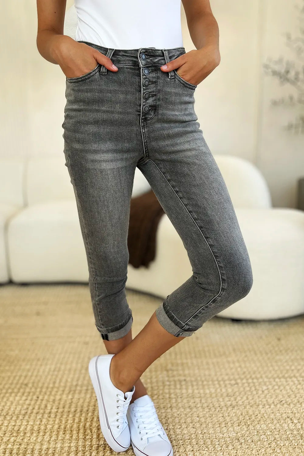 Judy Blue Full Size Button Fly High Waist Cuffed Capris - Velora