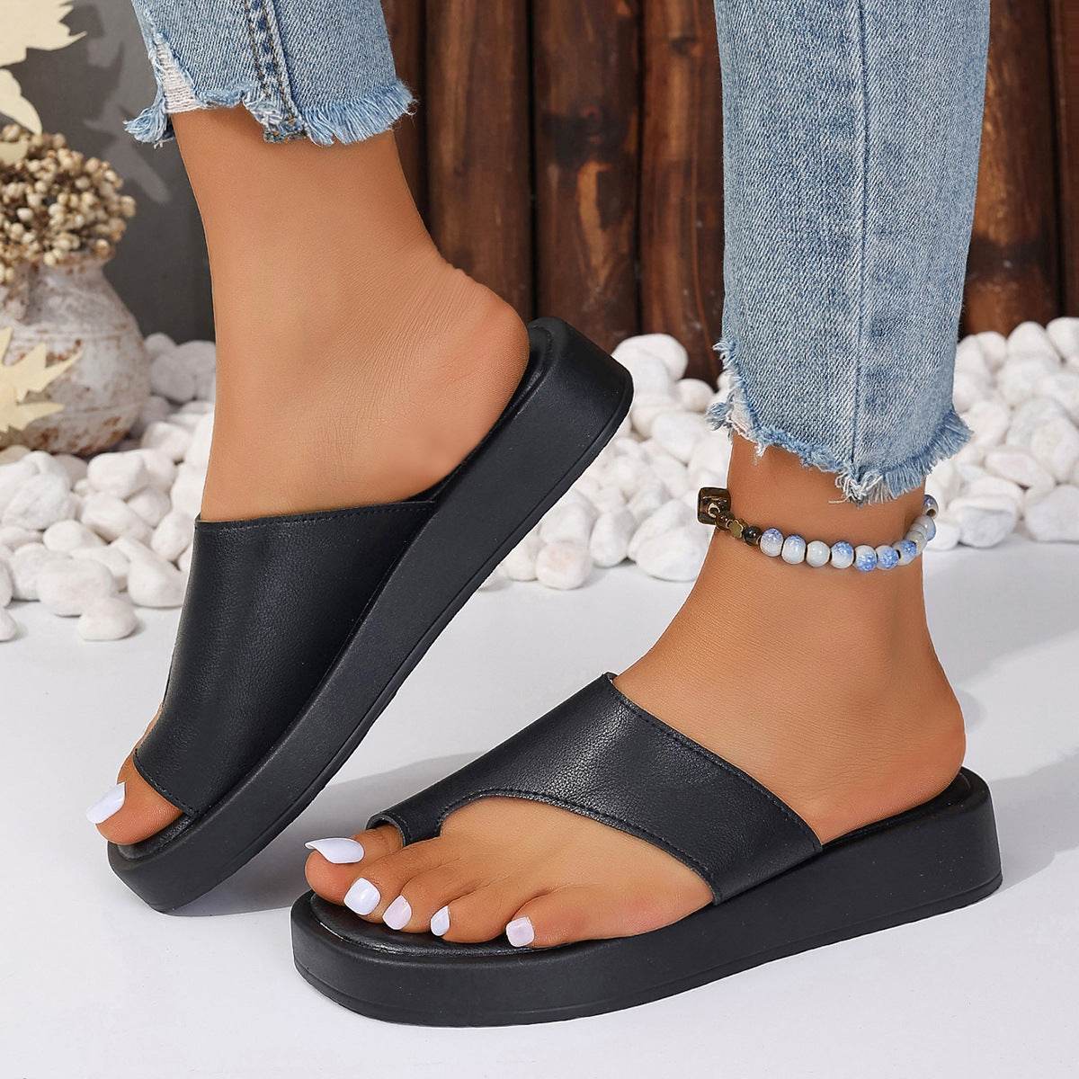 Thick-soled Clip Toe Flat Slippers Outdoor Summer Casual Solid Color Slides Shoes For Women - Velora