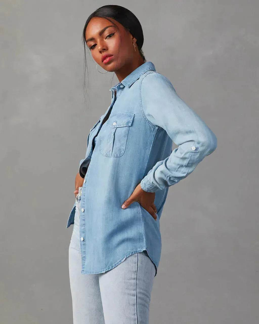Formal Work Denim shirts for women Leisure Lapel Single Breasted Women's Long Sleeve Denim Shirt Women button down shirts - Velora