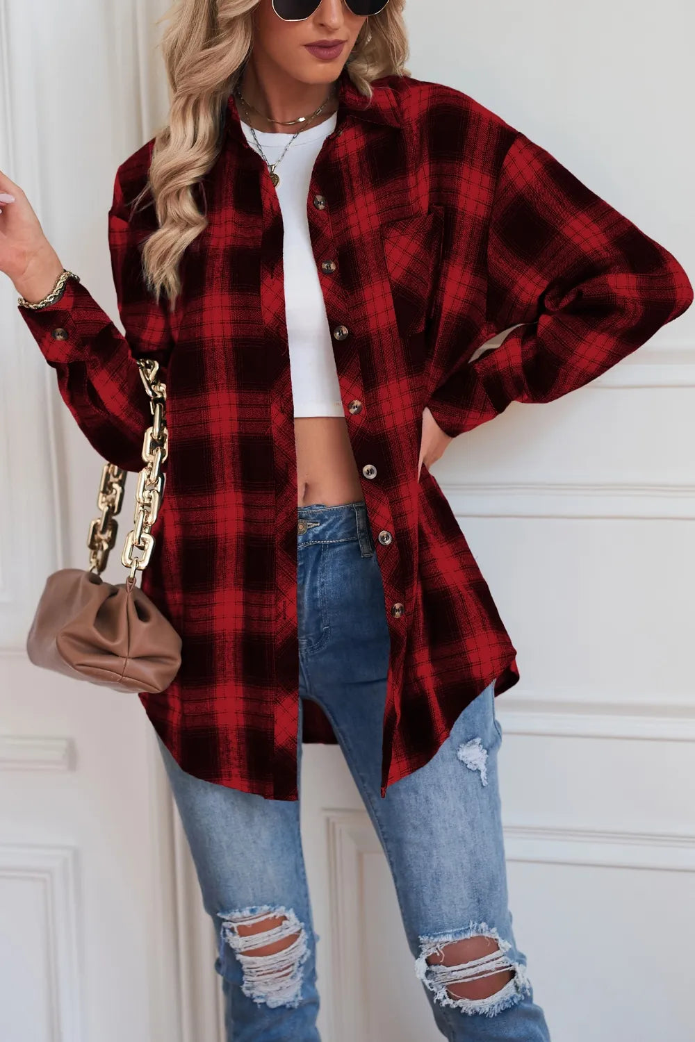 Plaid Button Up Dropped Shoulder Outerwear - Velora