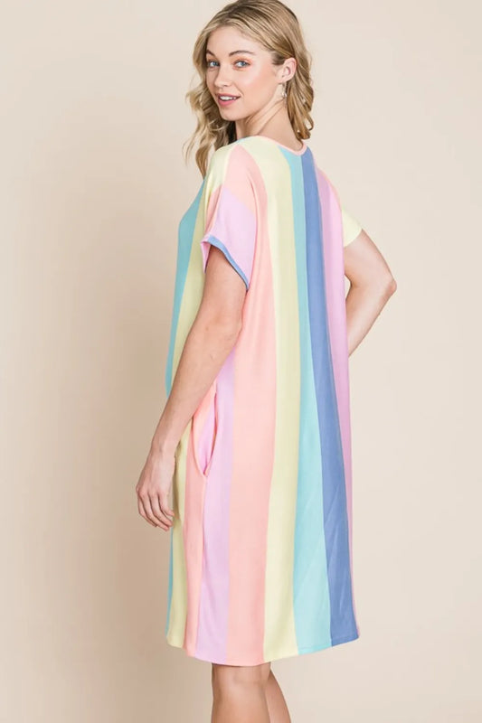BOMBOM Striped Short Sleeve Dress with Pockets - Velora