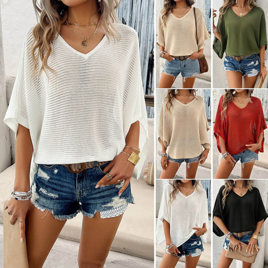 V-neck Bat Sleeve Short-sleeved T-shirt Top Summer Casual Loose Hollow Sweater Fashion Womens Clothing - Velora