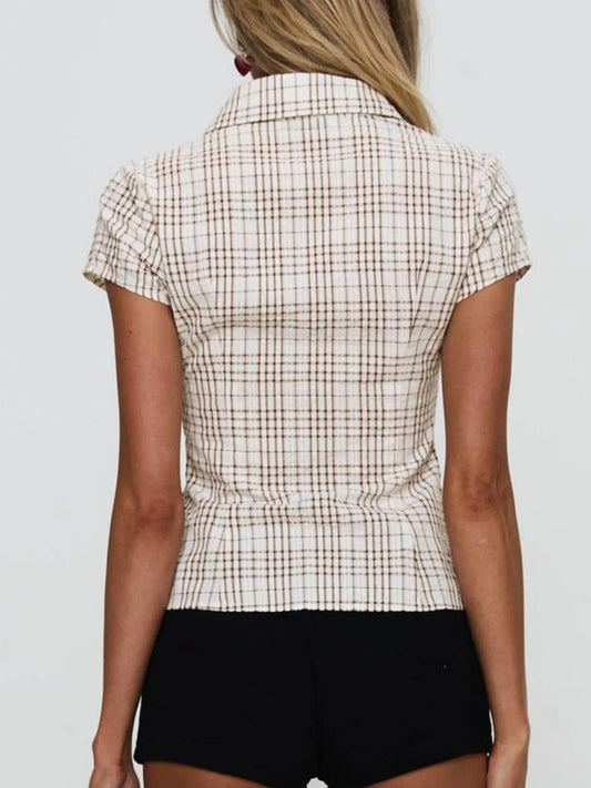 Plaid Short Sleeve Button-Up Shirt - Velora