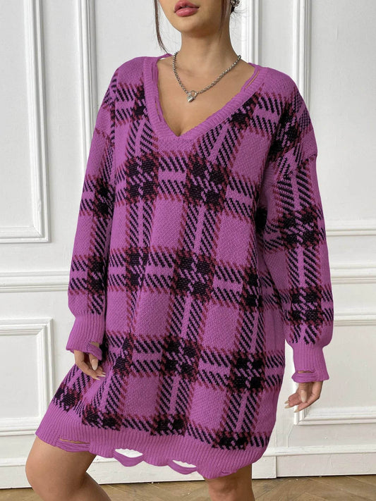 Deer Plush V-neck Long Sleeve Plaid Winter Jumper Mini dress - Velora