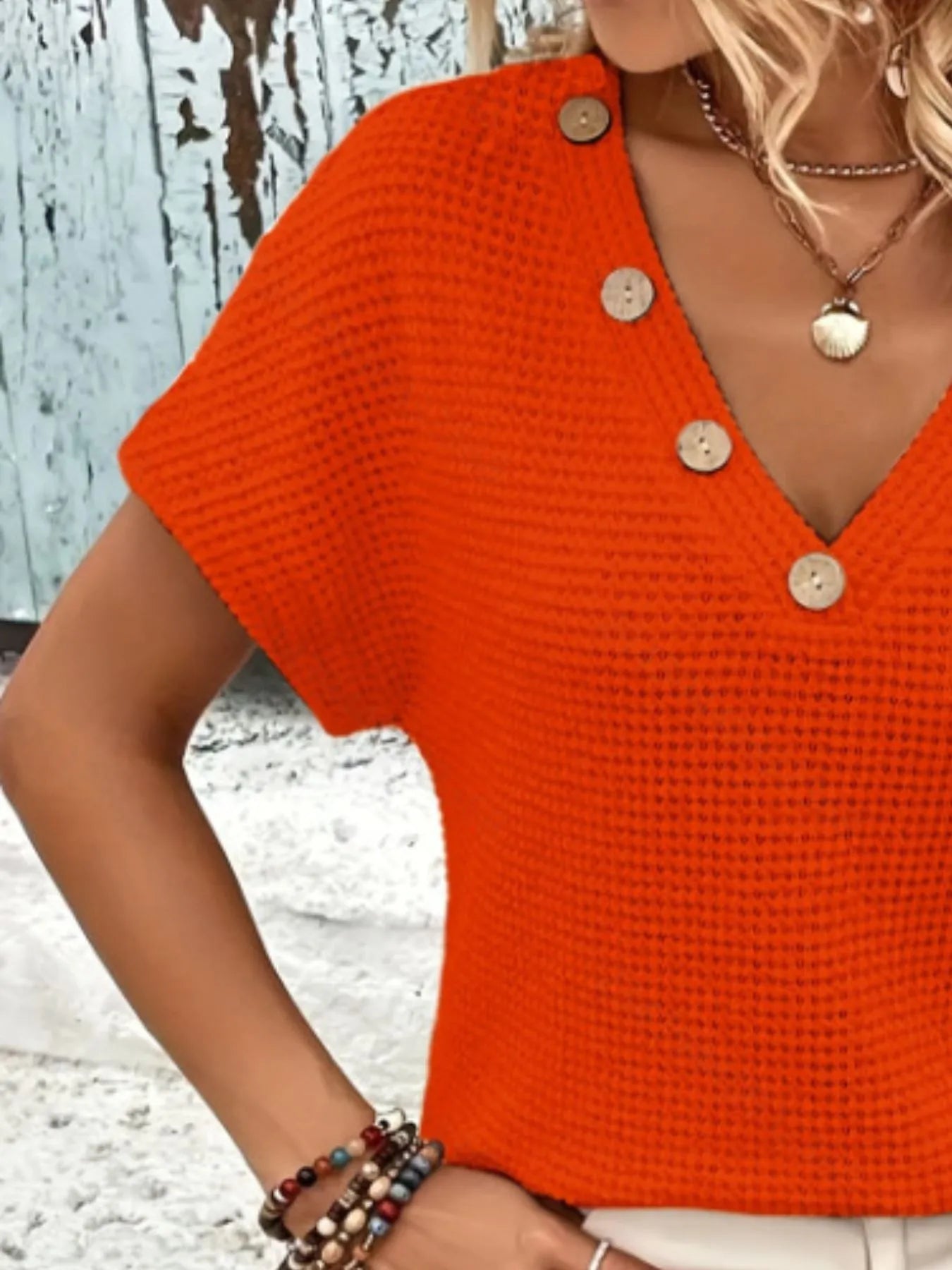 V-Neck Textured Knit T-Shirt - Velora