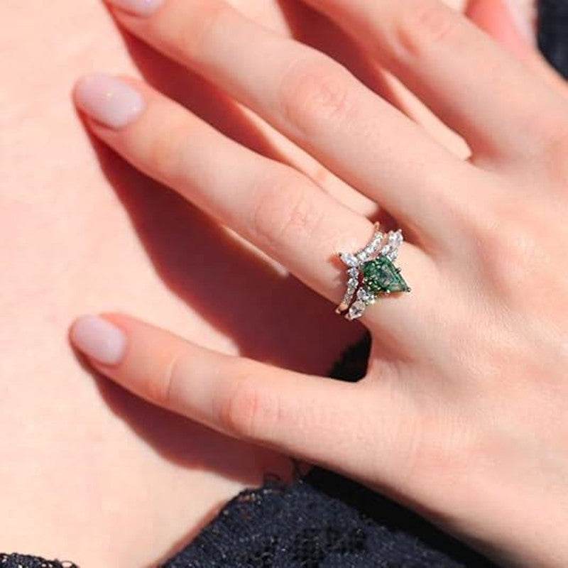 2pcs Fashion Rings Natural Green Moss Stone Agate Ring For Women Personalized Jewelry - Velora