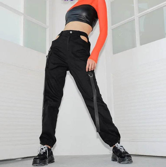 Women Black High Waist Pencil Pants Pockets Patckwork Hollow Out Pants Fashion Women Streetwear Cargo Pants Women Pants - Velora
