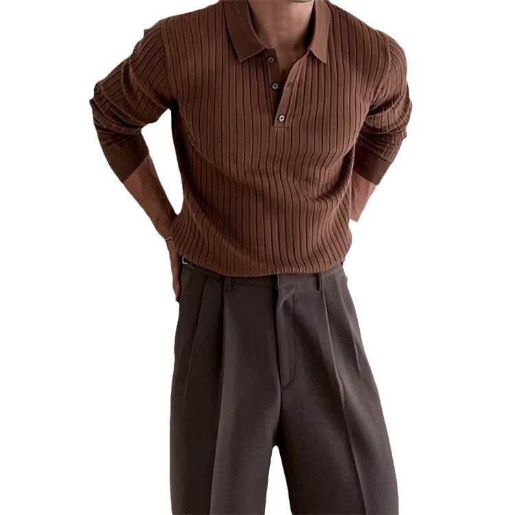 Lapel Button Long Sleeve Polo Shirt Slim Fashion Solid Striped Knitted Bottoming Shirt Top Men's Clothing - Velora