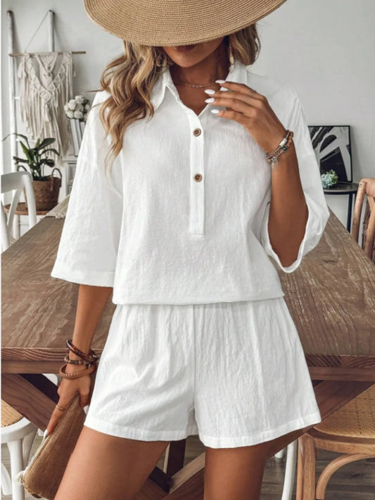 Collared Neck Half Sleeve Top and Shorts Set - Velora