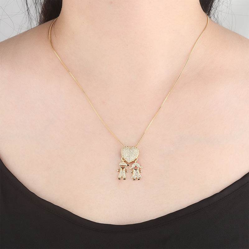 Fashion Jewelry Son Daughter Heart Gold Color Cubic Zirconia Family Girl Boy Pendant Necklace Chain Jewelry For Mother Gift - Velora