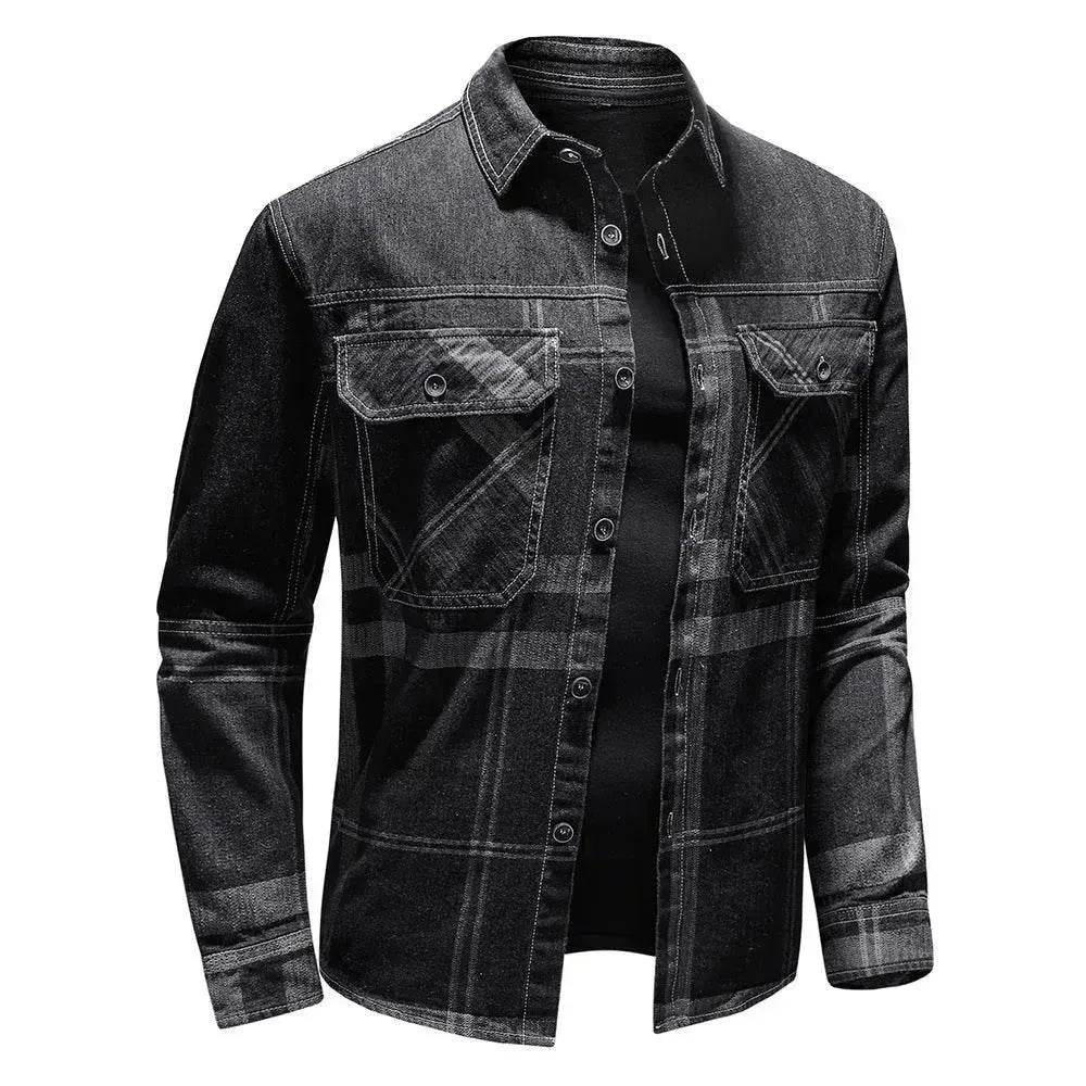 Fashion Plaid Denim Long-sleeved mens denim shirt Slim fit Jeans Shirt for men Denim top for men - Velora
