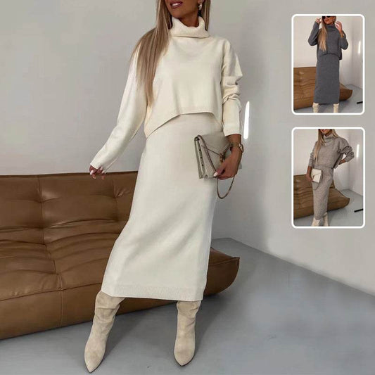 2pcs Sweater Suit Winter Fashion Turtleneck Pullover And Sleeveless Long Dress Womens Clothing - Velora