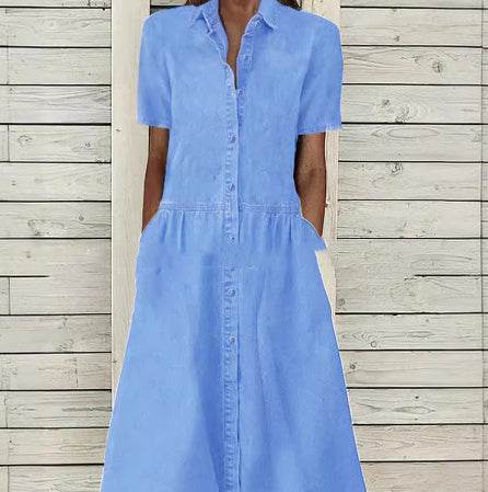 Women's European And American Lapel Casual loose button down Midi Denim jeans Mum Dress - Velora