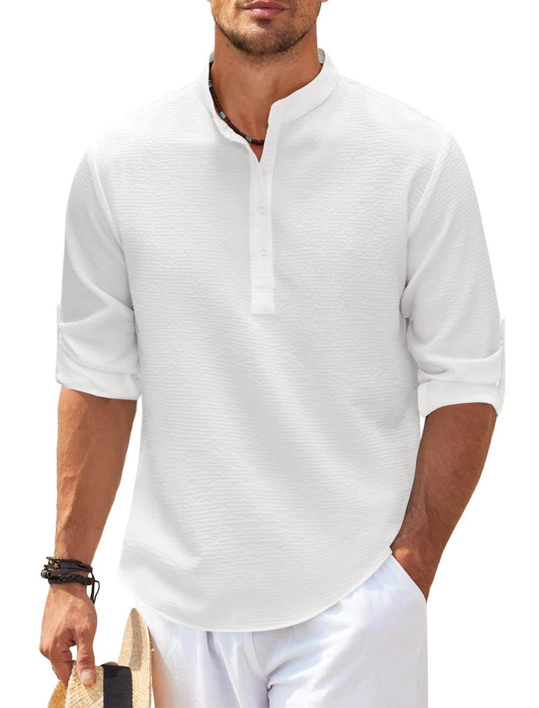 Stand Collar Button Shirt Summer Pineapple Texture Shirt Casual Top Men's Clothing - Velora