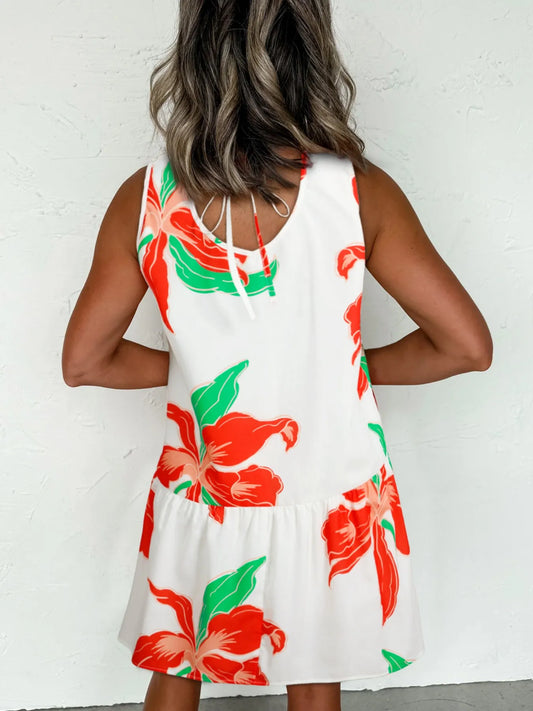 Floral Tie Neck Sleeveless Ruffled Sundress - Velora