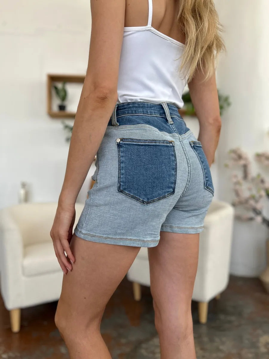 Judy Blue Full Size Color Block Denim Shorts - Velora